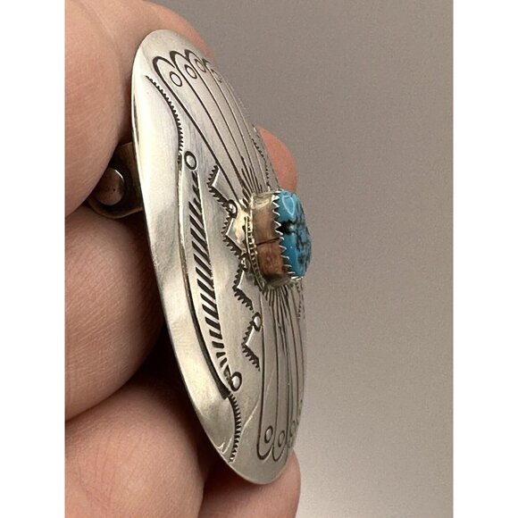 Navajo Handcrafted Sterling Silver & Genuine Turquoise Small 2-Inch Belt Buckle - Picture 4 of 7
